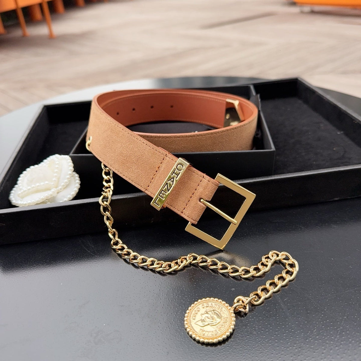 CC Logo Belt 3.5 With Cambon Medallion Tan Suede 200010