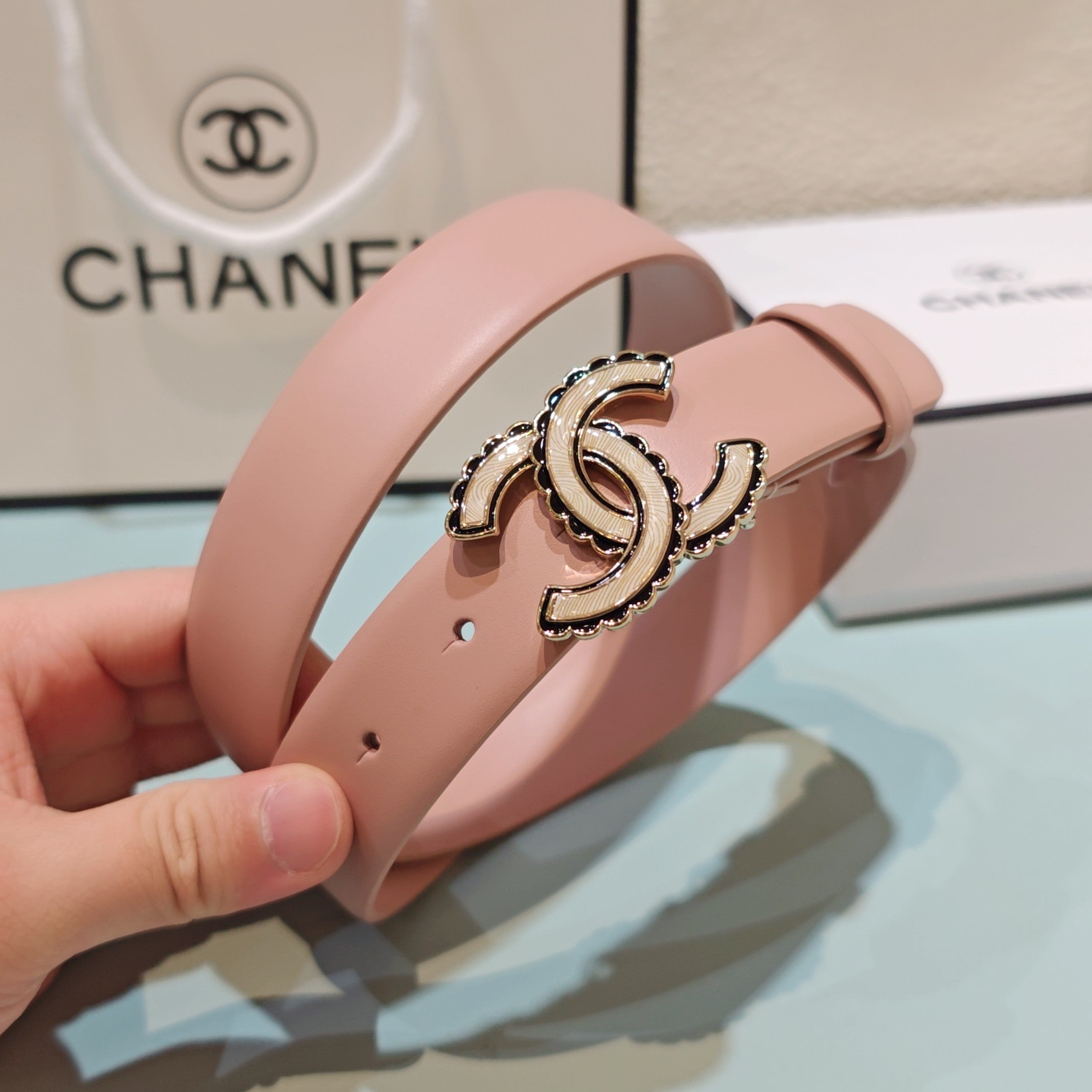 CC Belt 3.0 Scalloped Edge Buckle Light PInk Cowhide 200007
