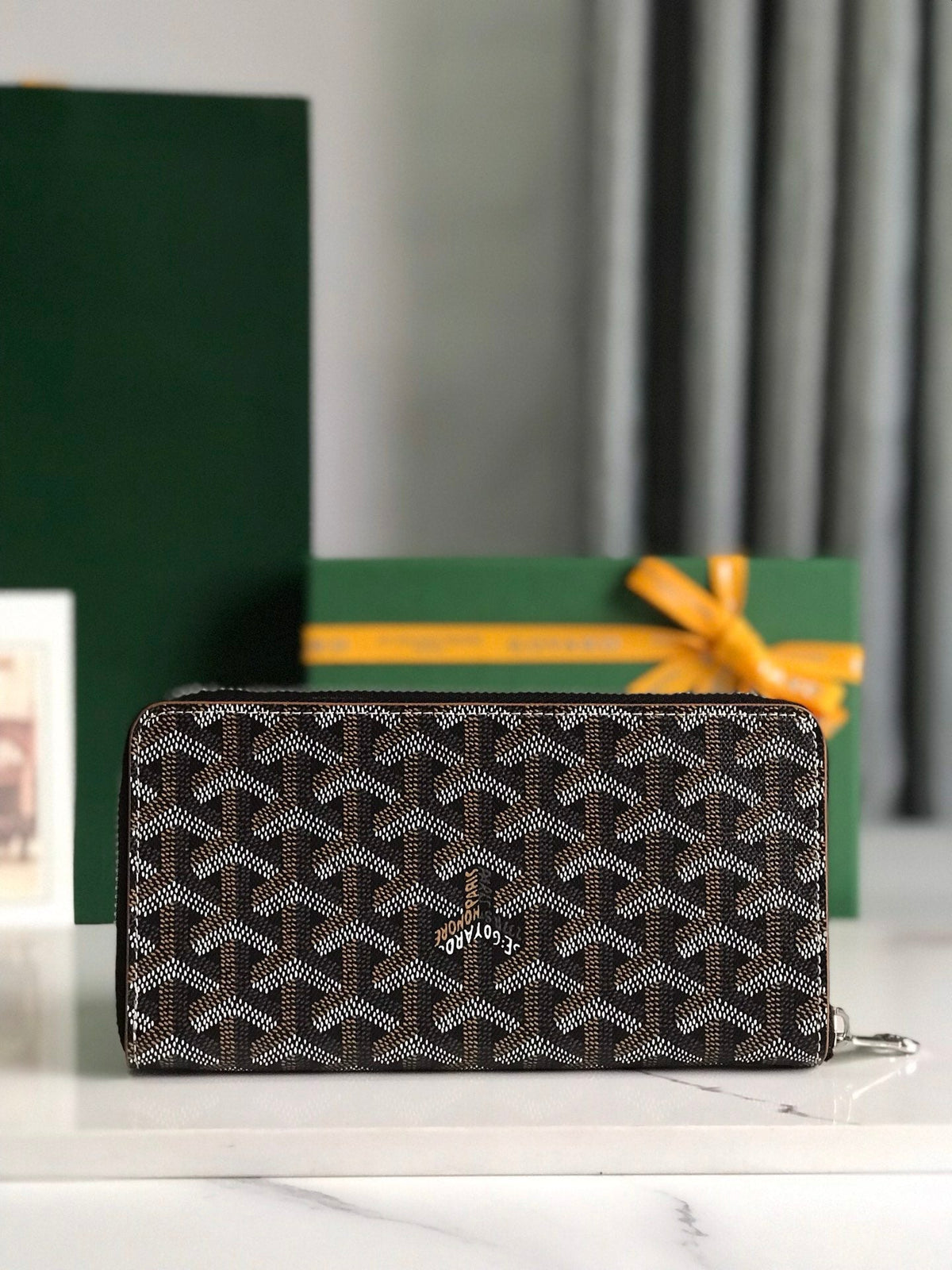 Goyard Matignon GM Wallet 20cm Black Tan Canvas & Calfskin
