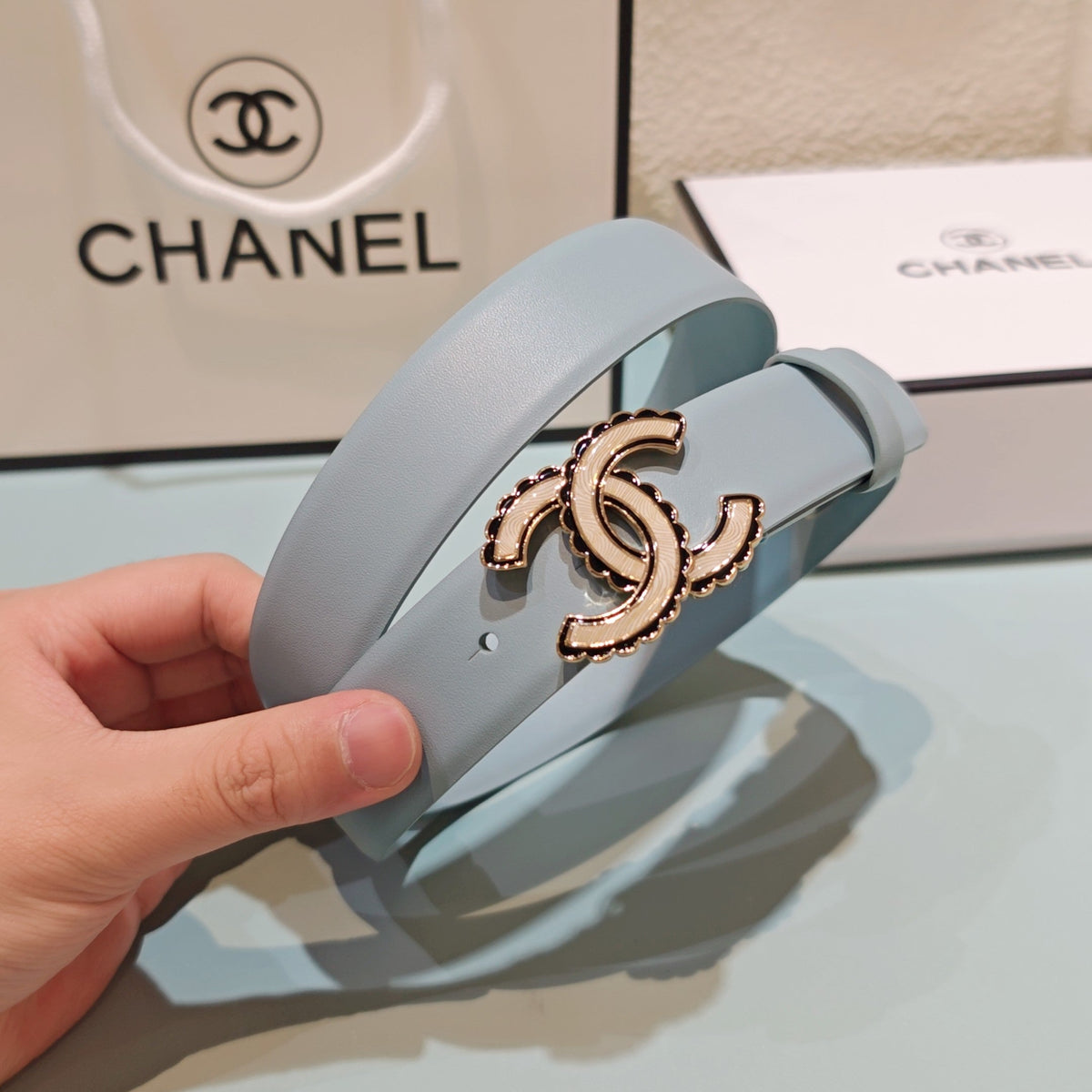 CC Belt 3.0 Scalloped Edge Buckle Light Blue Cowhide 200004