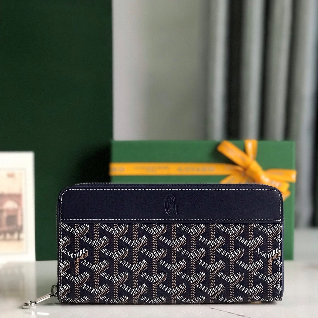 Goyard Matignon GM Wallet 20cm Navy Blue Canvas & Calfskin