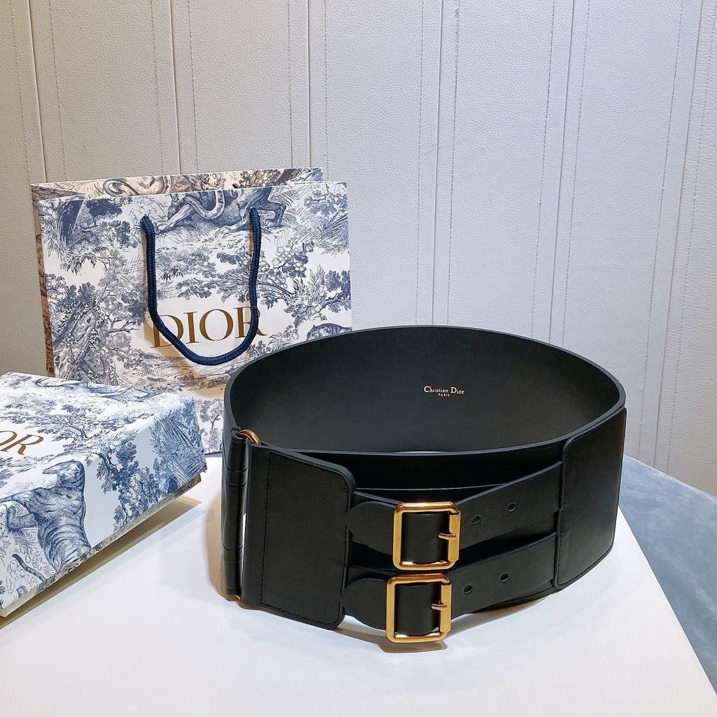 CD Double-Buckle Belt Black Gold hardware in Leather