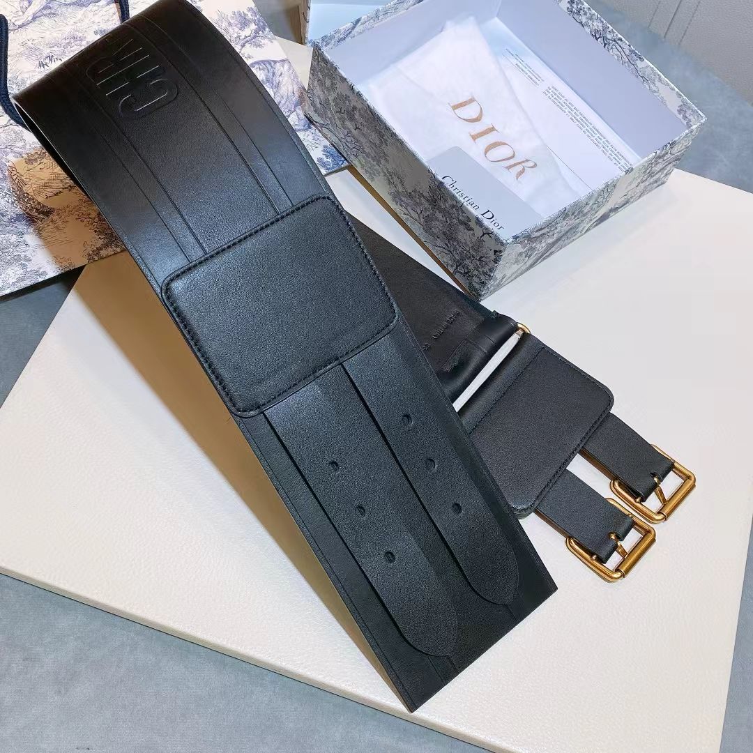 CD Double-Buckle Belt Black Gold hardware in Leather