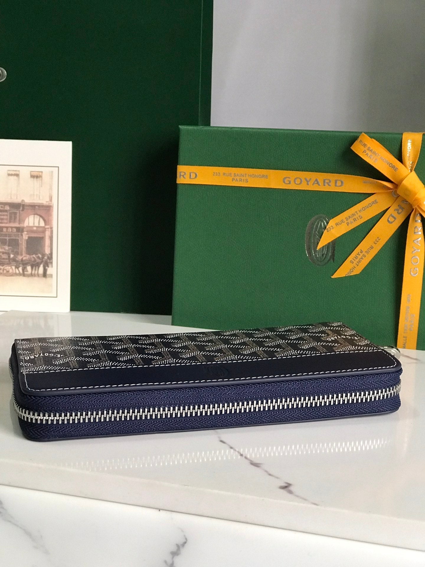 Goyard Matignon GM Wallet 20cm Navy Blue Canvas & Calfskin