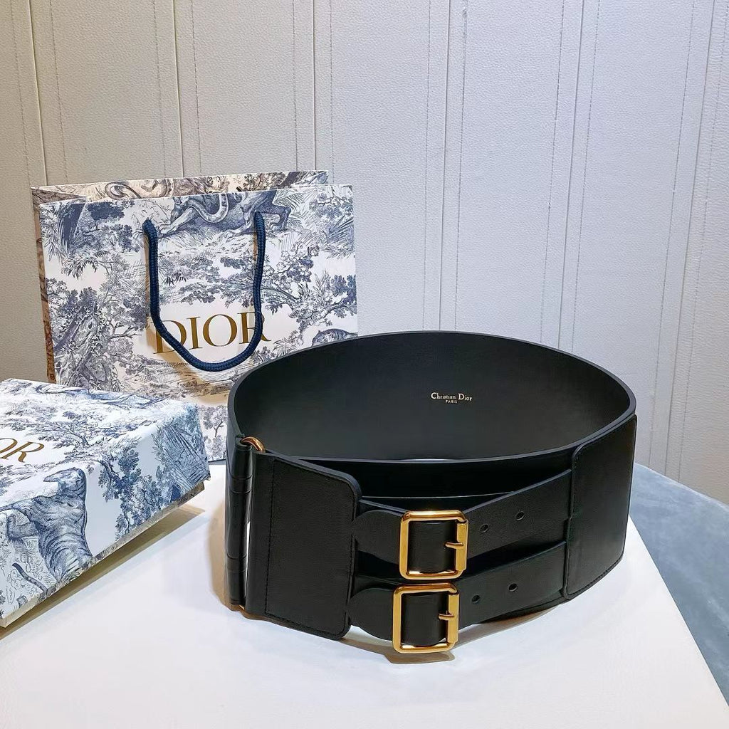 CD Double-Buckle Belt Black Gold hardware in Leather