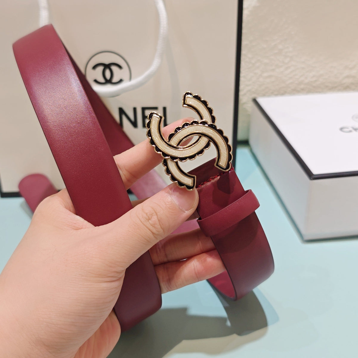 CC Belt 3.0 Scalloped Edge Buckle Burgundy Cowhide 200001