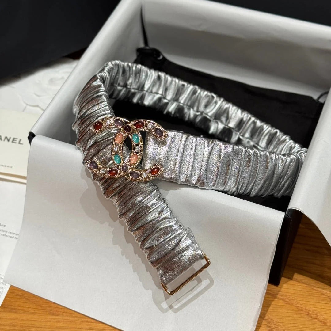 CC Rhinestone Belt 3.0CM Sliver Metallic Cowhide Multicolor Buckle 198411