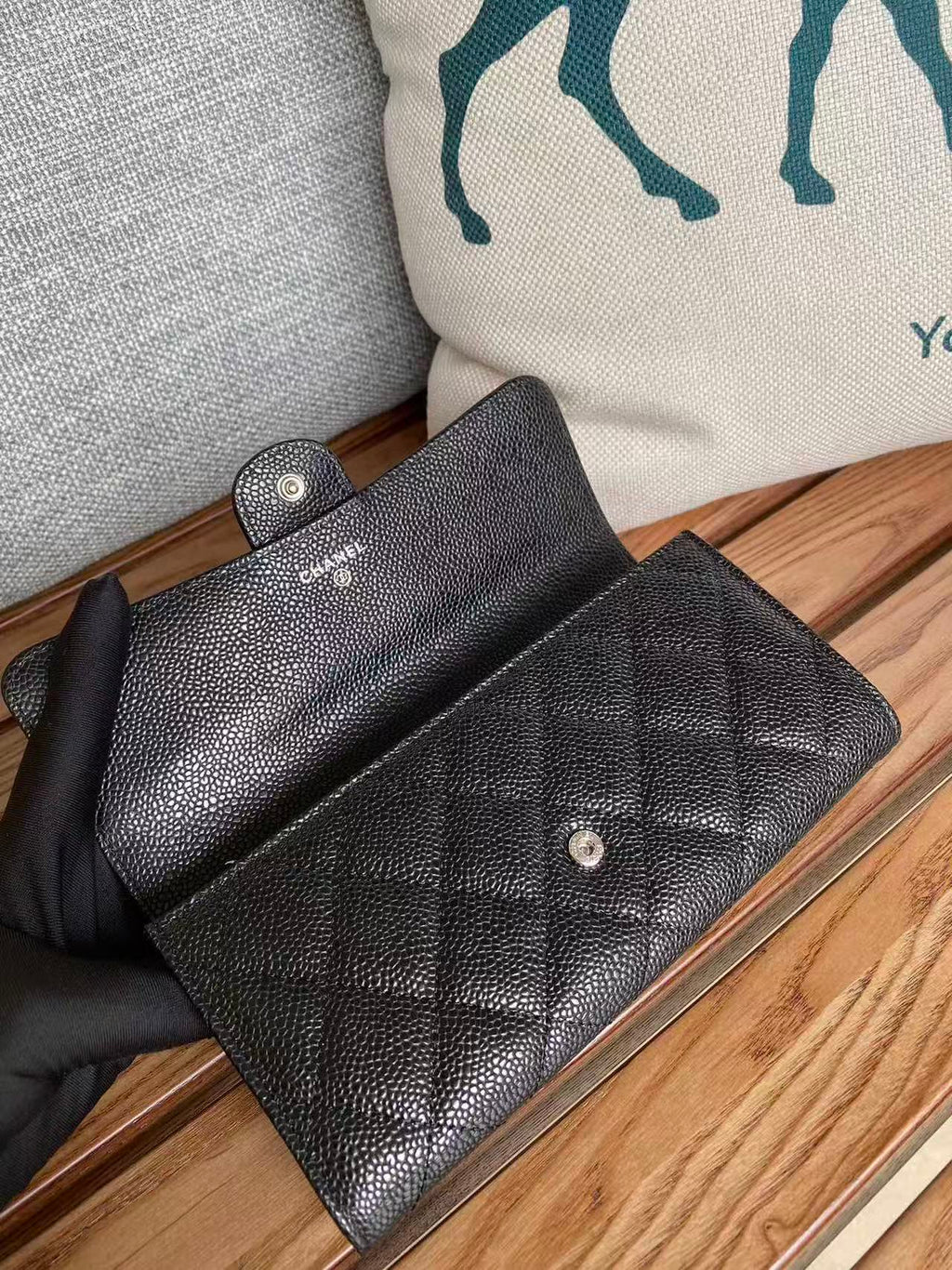 CC Classic Long Flap Wallet Black Quilted Caviar Sliver Buckle
