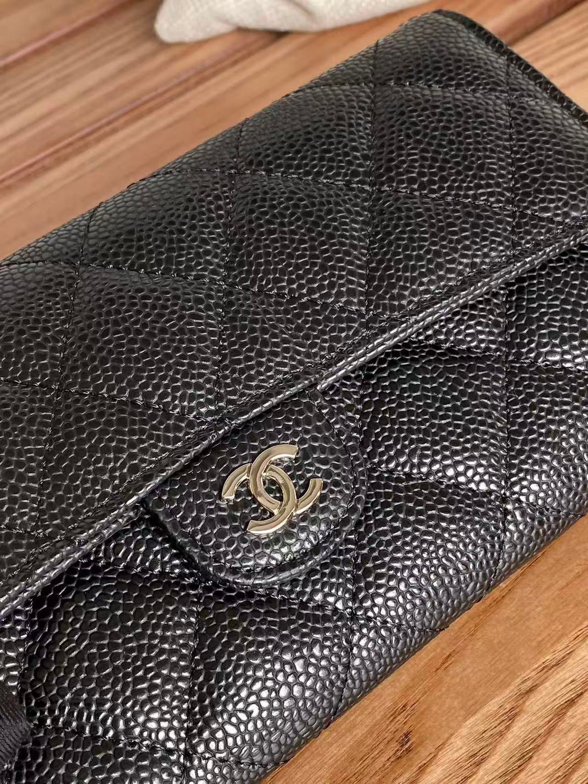 CC Classic Long Flap Wallet Black Quilted Caviar Sliver Buckle