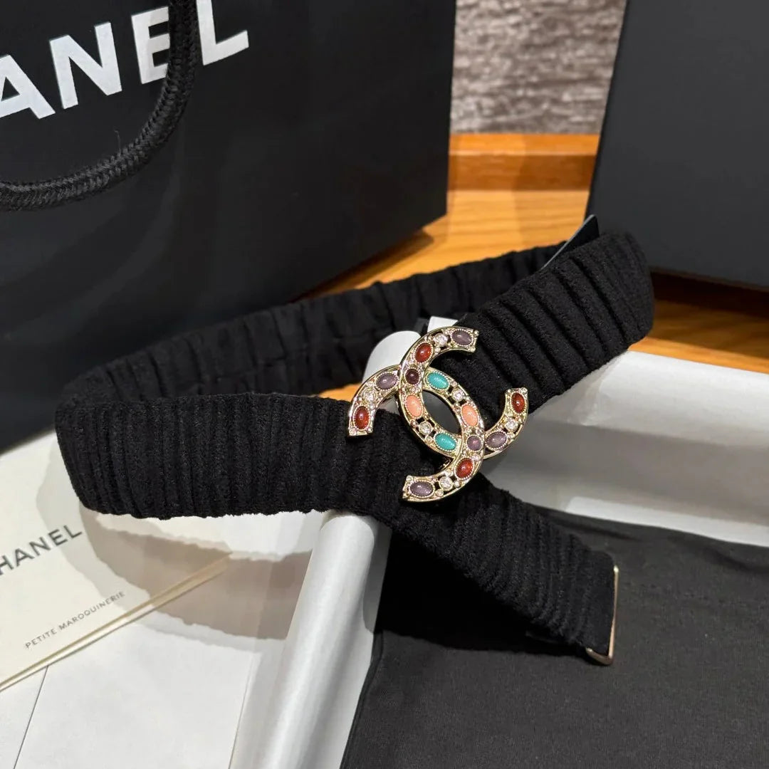 CC Rhinestone Belt 3.0CM Black Wool Multicolor Buckle 198414