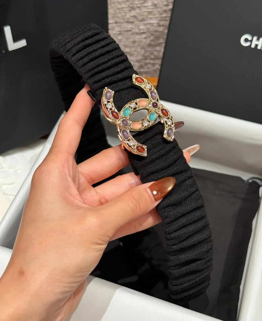 CC Rhinestone Belt 3.0CM Black Wool Multicolor Buckle 198414