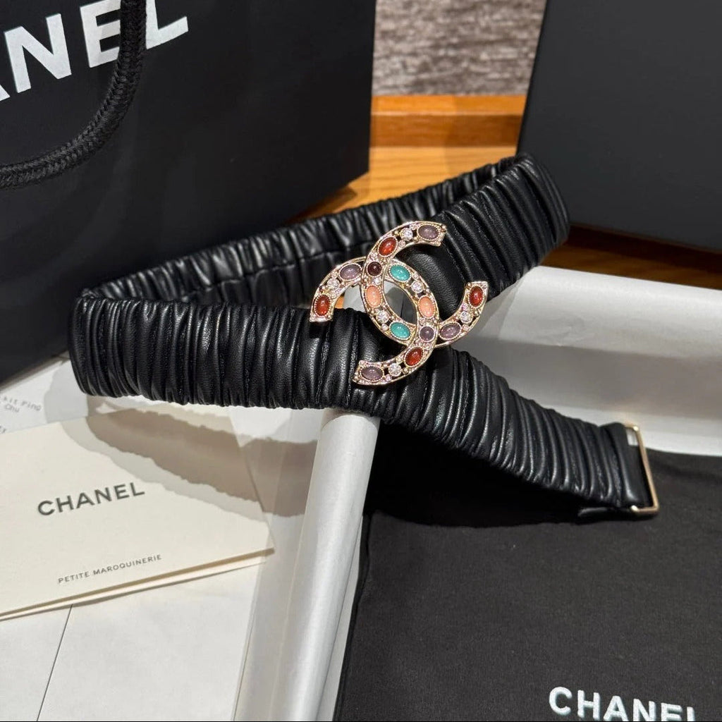 CC Rhinestone Belt 3.0CM Black Leather Multicolor Buckle 198416