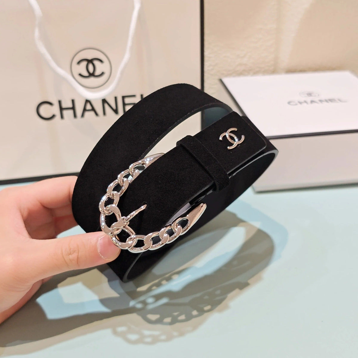 CC Belt 3.0CM Black Suede Sliver Buckle 198420