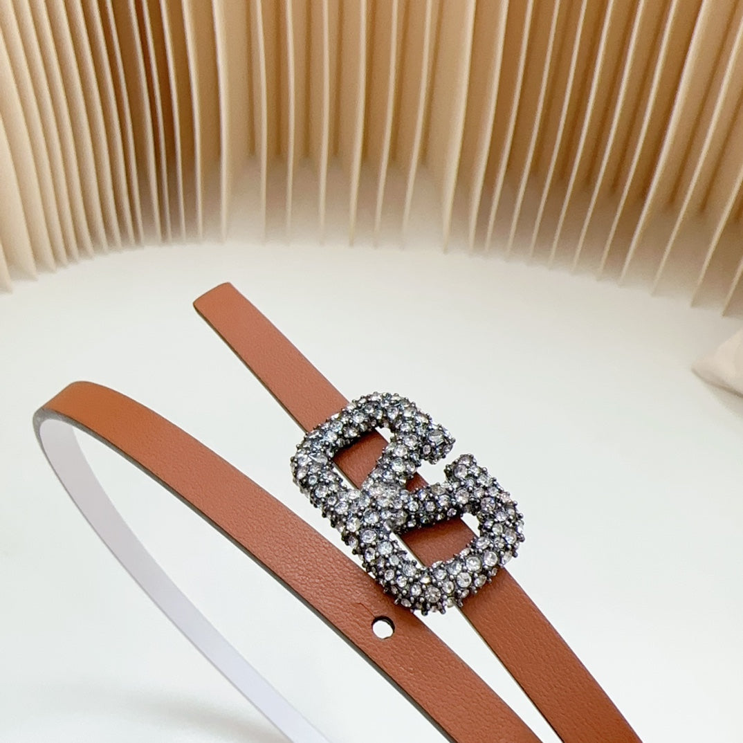 VL Belt 8mm Buckle Silver Diamond Leather Tan White
