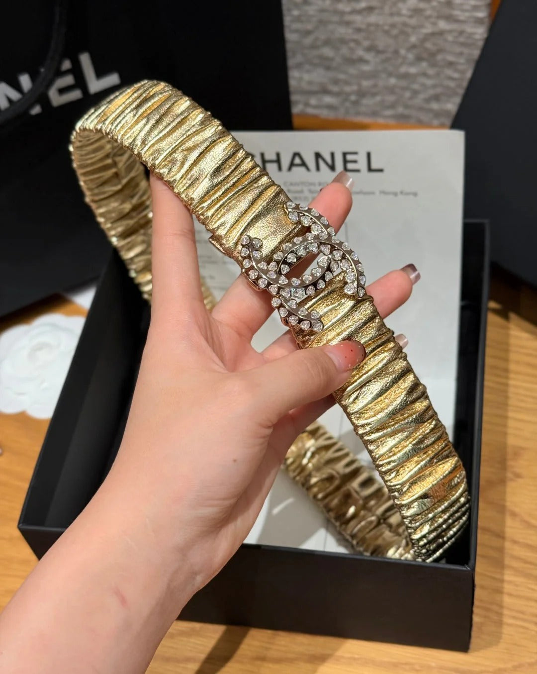 CC Elastic Waist Belt 3.0CM Metallic Gold Leather Sliver Diamond Buckle 195945