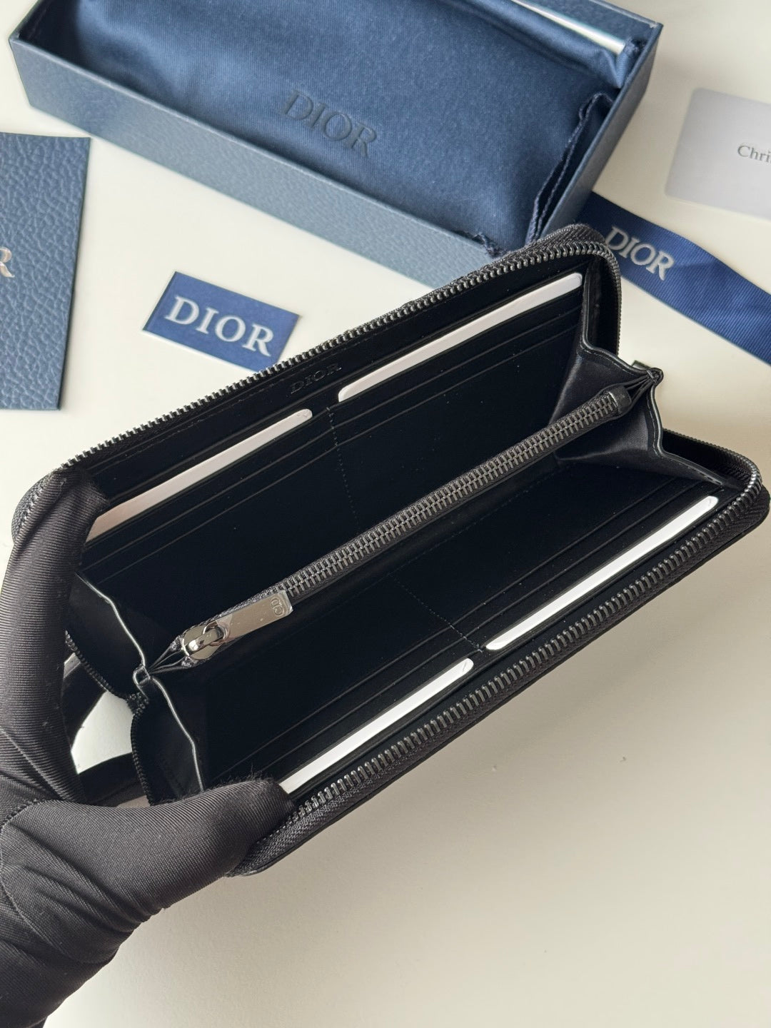 CD Saddle Long Zipped Wallet Black Grain Cowhide & Jacquard