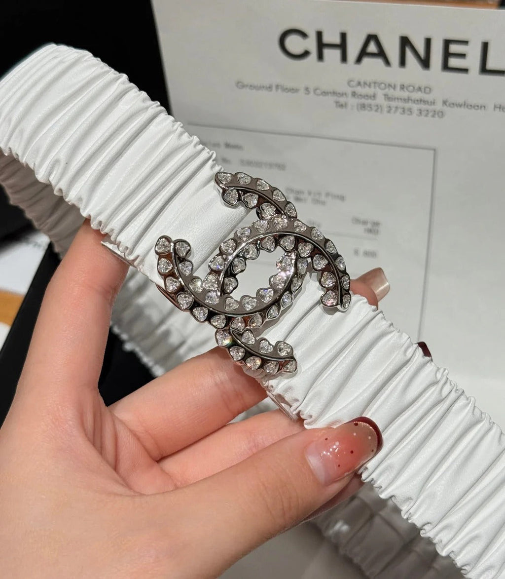 CC Elastic Waist Belt 3.0CM White Leather Sliver Diamond Buckle 195946