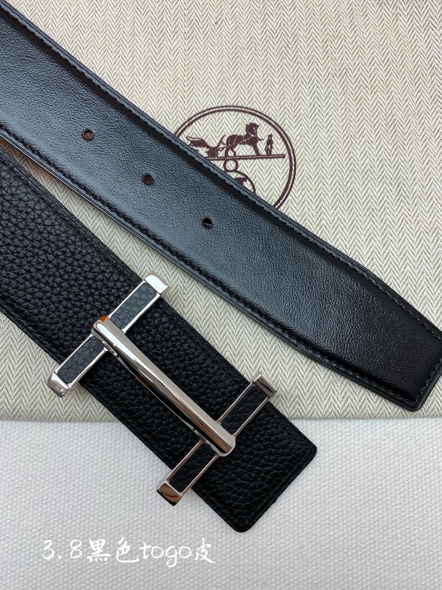 HM 3.8 D'ancre Belt Black Sliver Togo Leather 200510