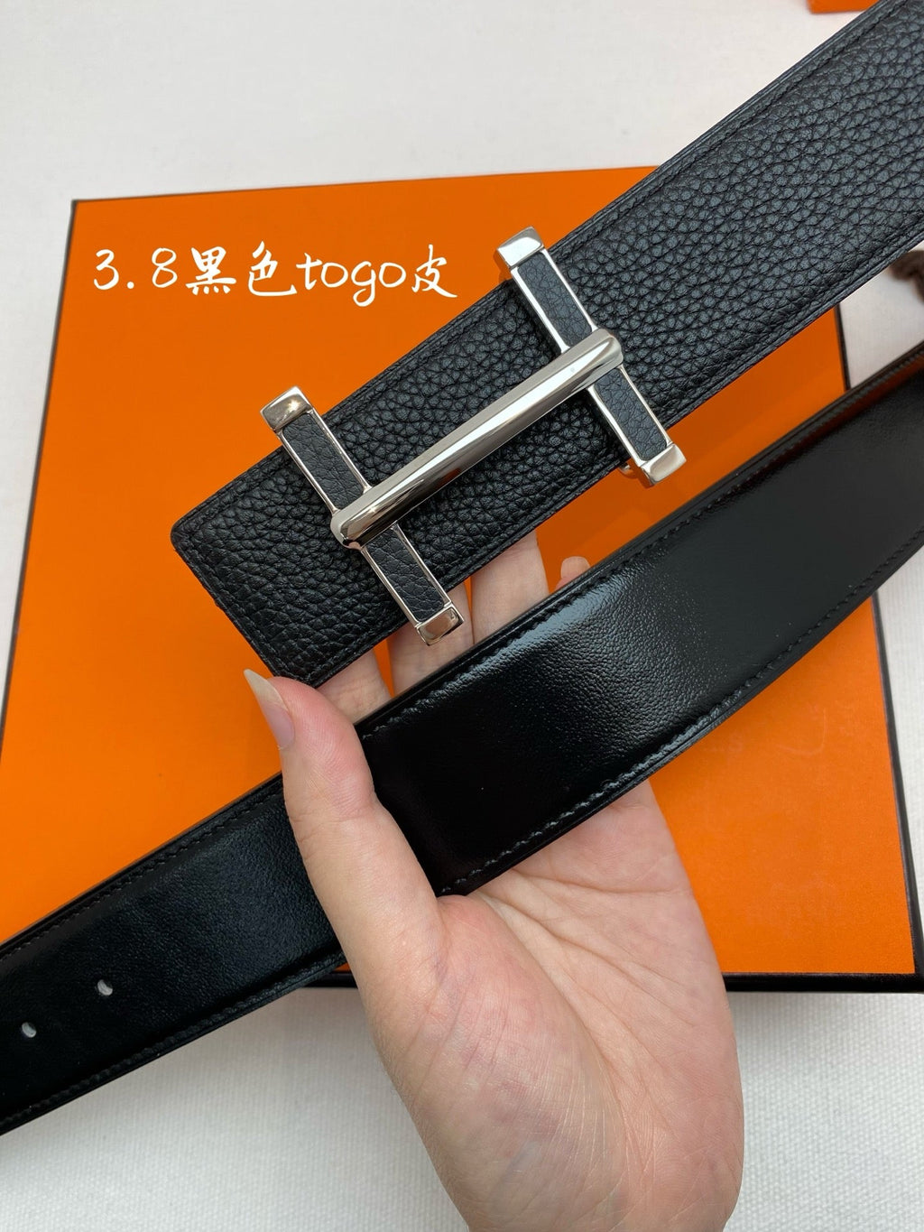 HM 3.8 D'ancre Belt Black Sliver Togo Leather 200510