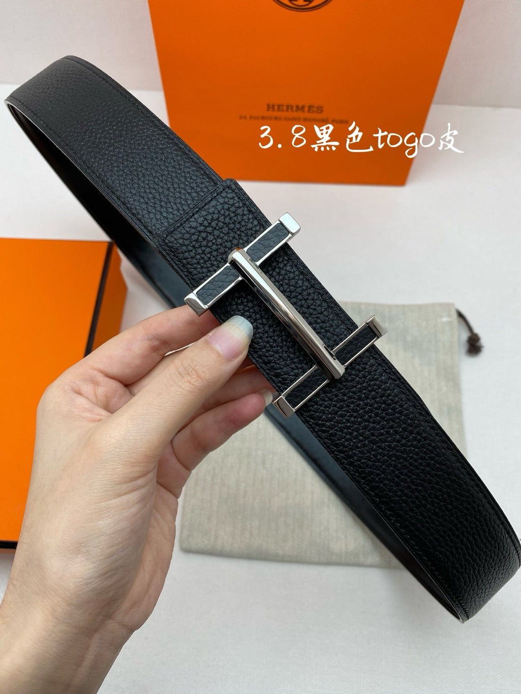 HM 3.8 D'ancre Belt Black Sliver Togo Leather 200510