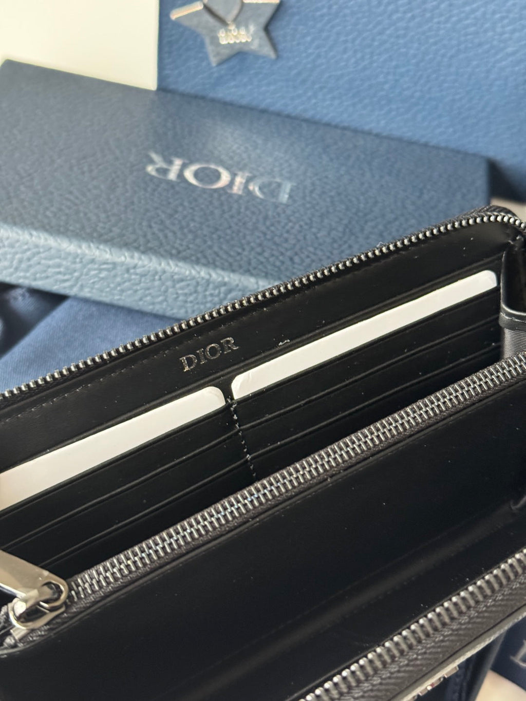 CD Diamond Zipped Long Wallet Black Blue Canvas & Cowhide