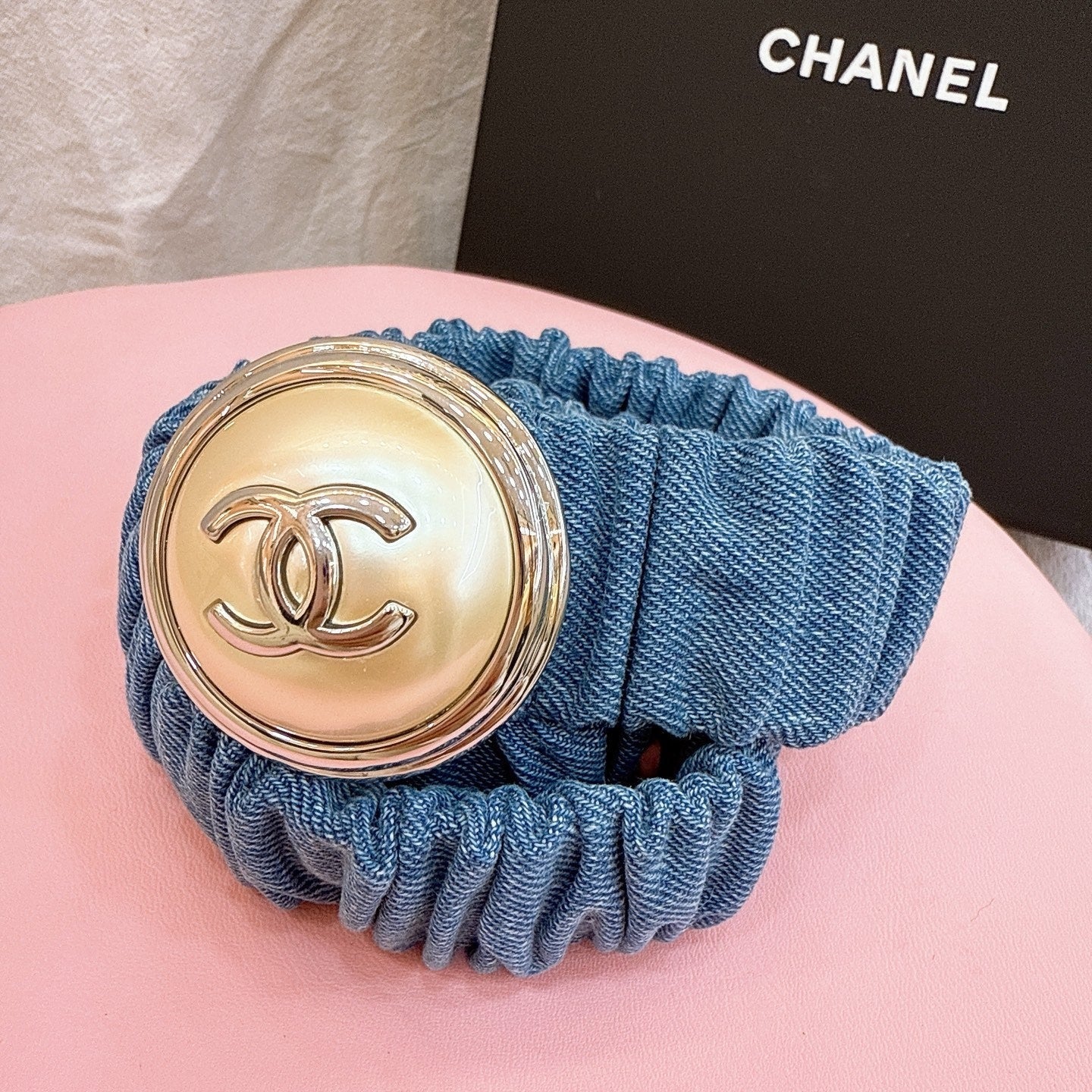 CC Elastic Waist Belt 3.0CM Blue Denim Gold Buckle 196835