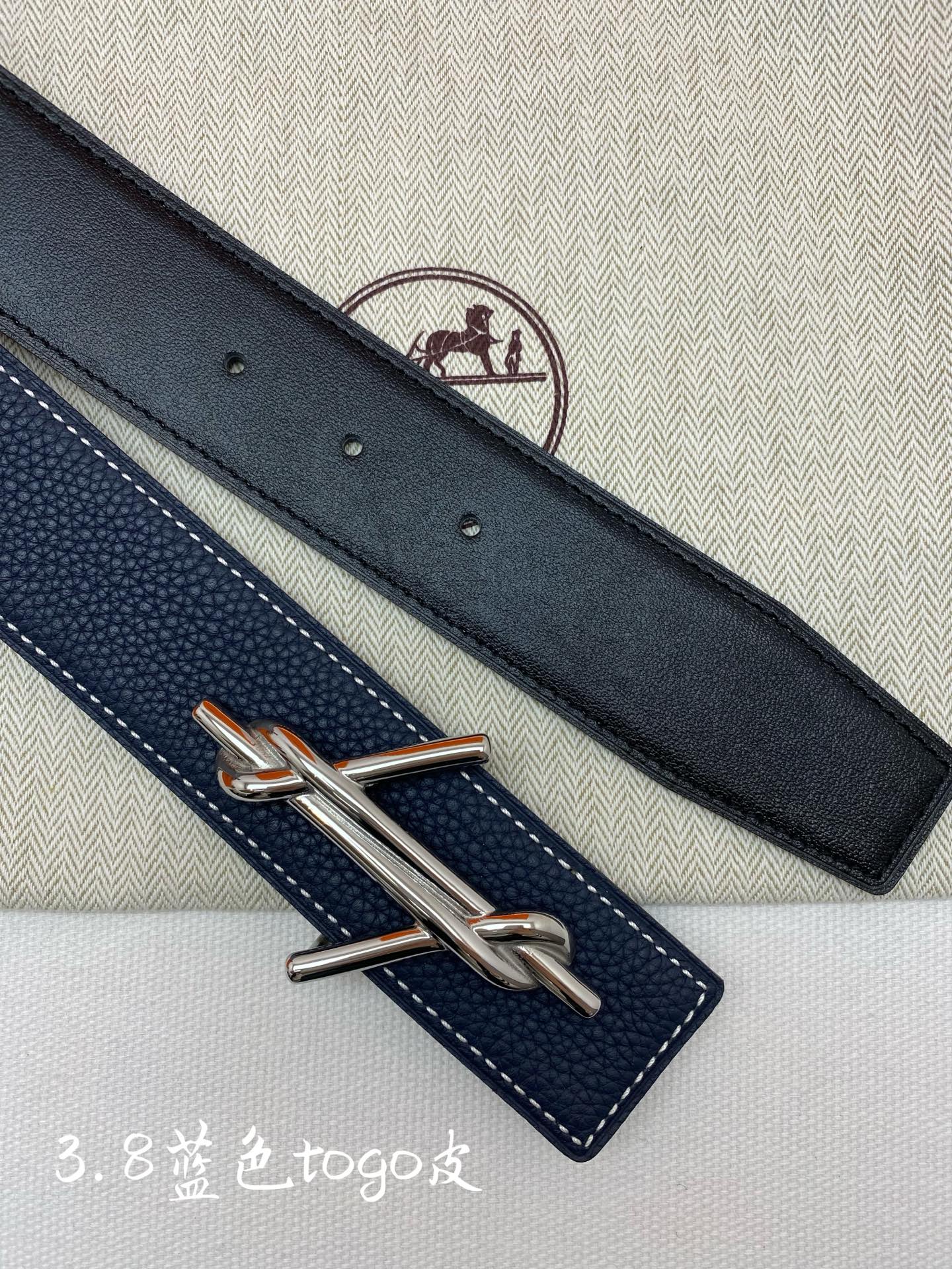 HM 3.8 Noue Belt Dark Blue Sliver Togo Leather 200507
