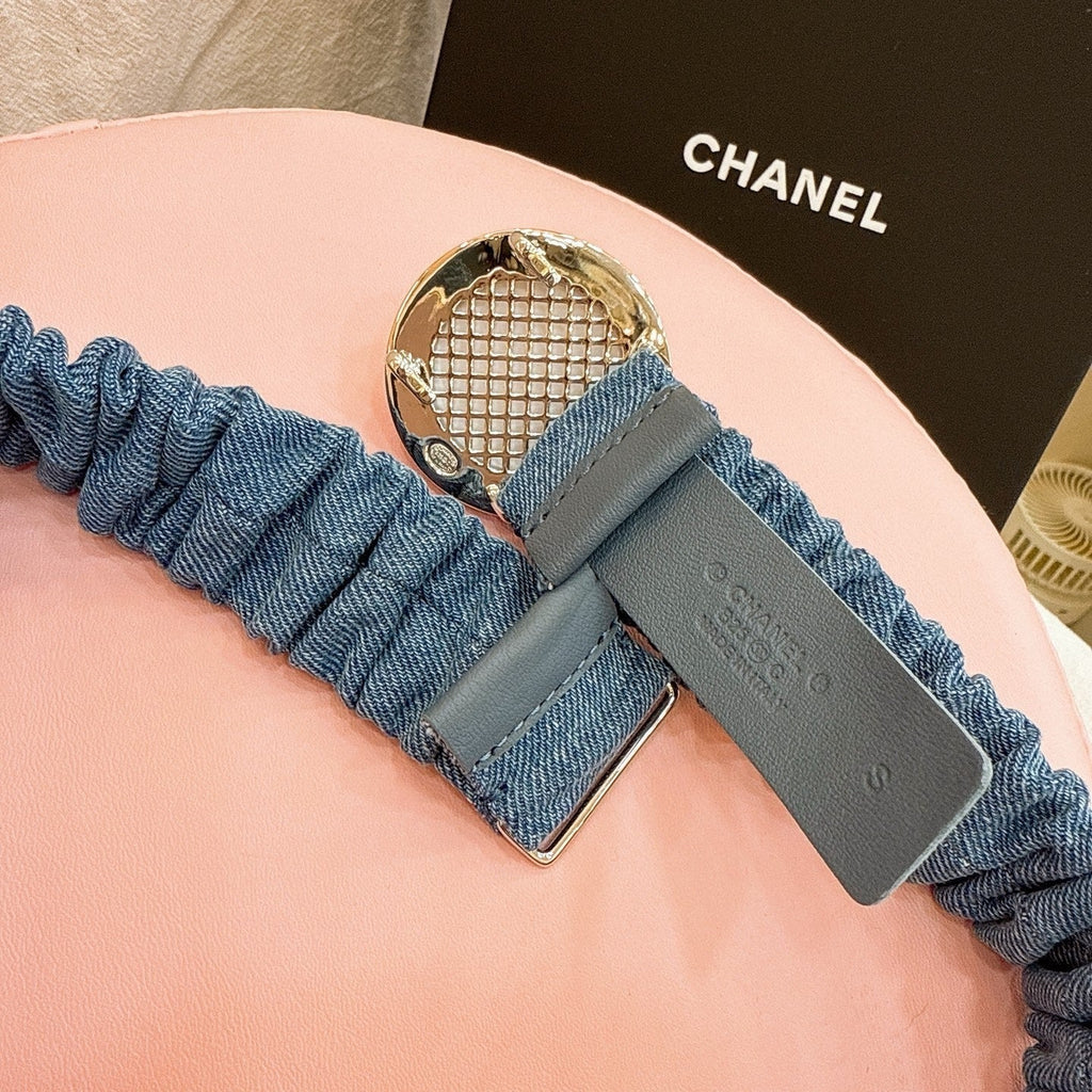 CC Elastic Waist Belt 3.0CM Blue Denim Gold Buckle 196835