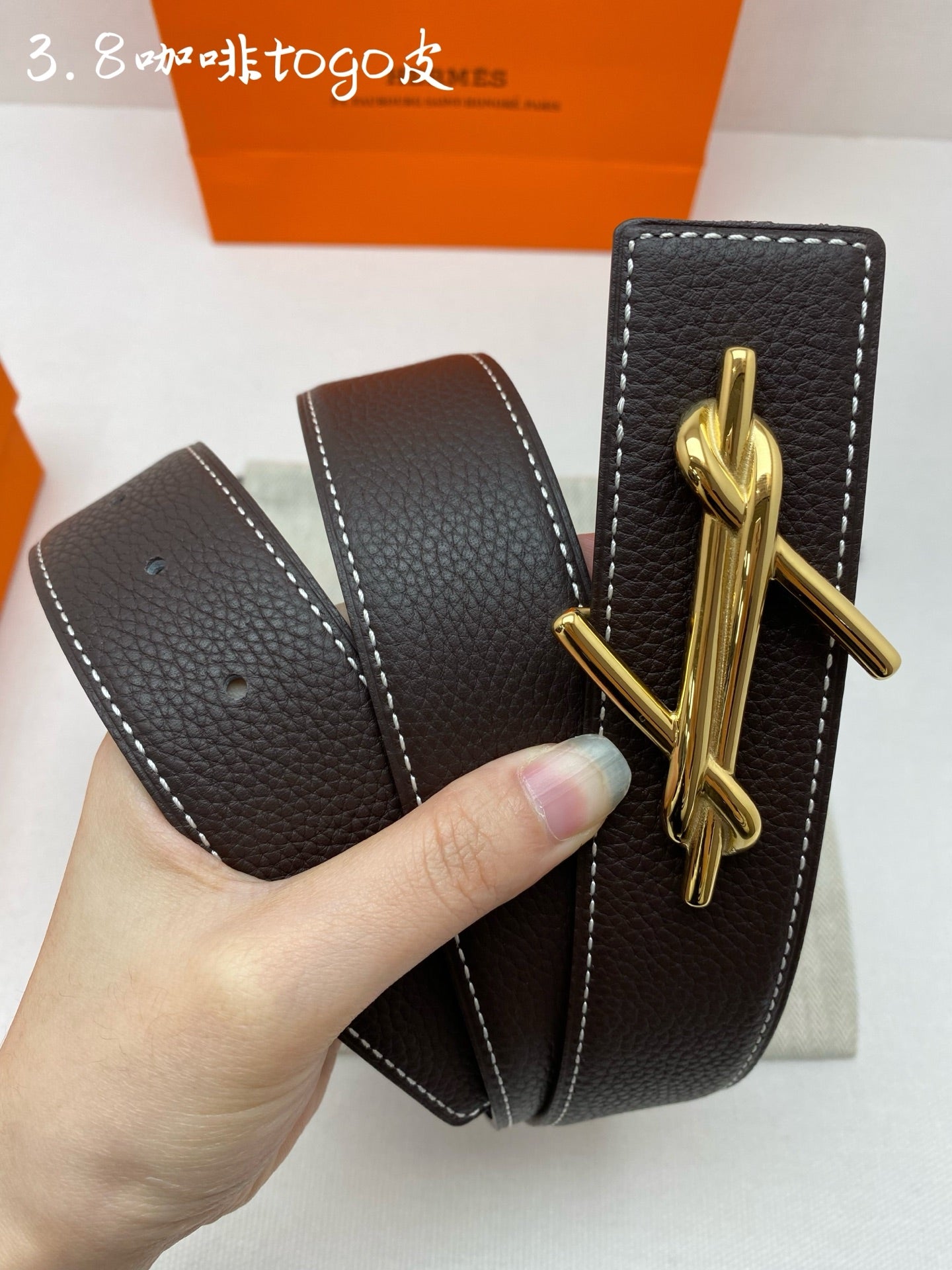 HM 3.8 Noue Belt Chocolate Gold Togo Leather 200506