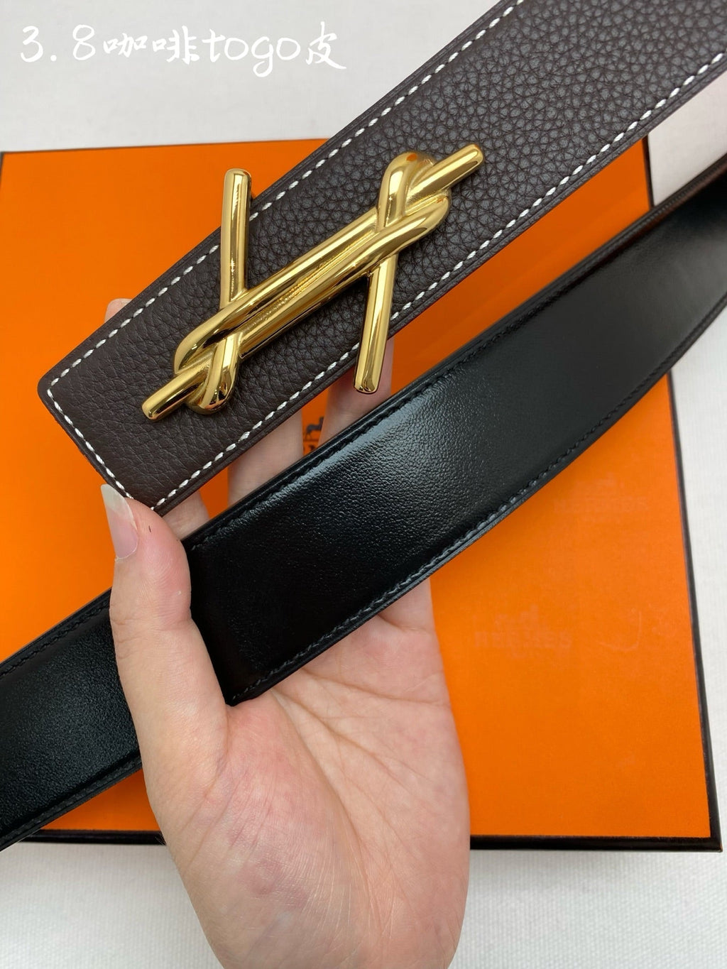 HM 3.8 Noue Belt Chocolate Gold Togo Leather 200506