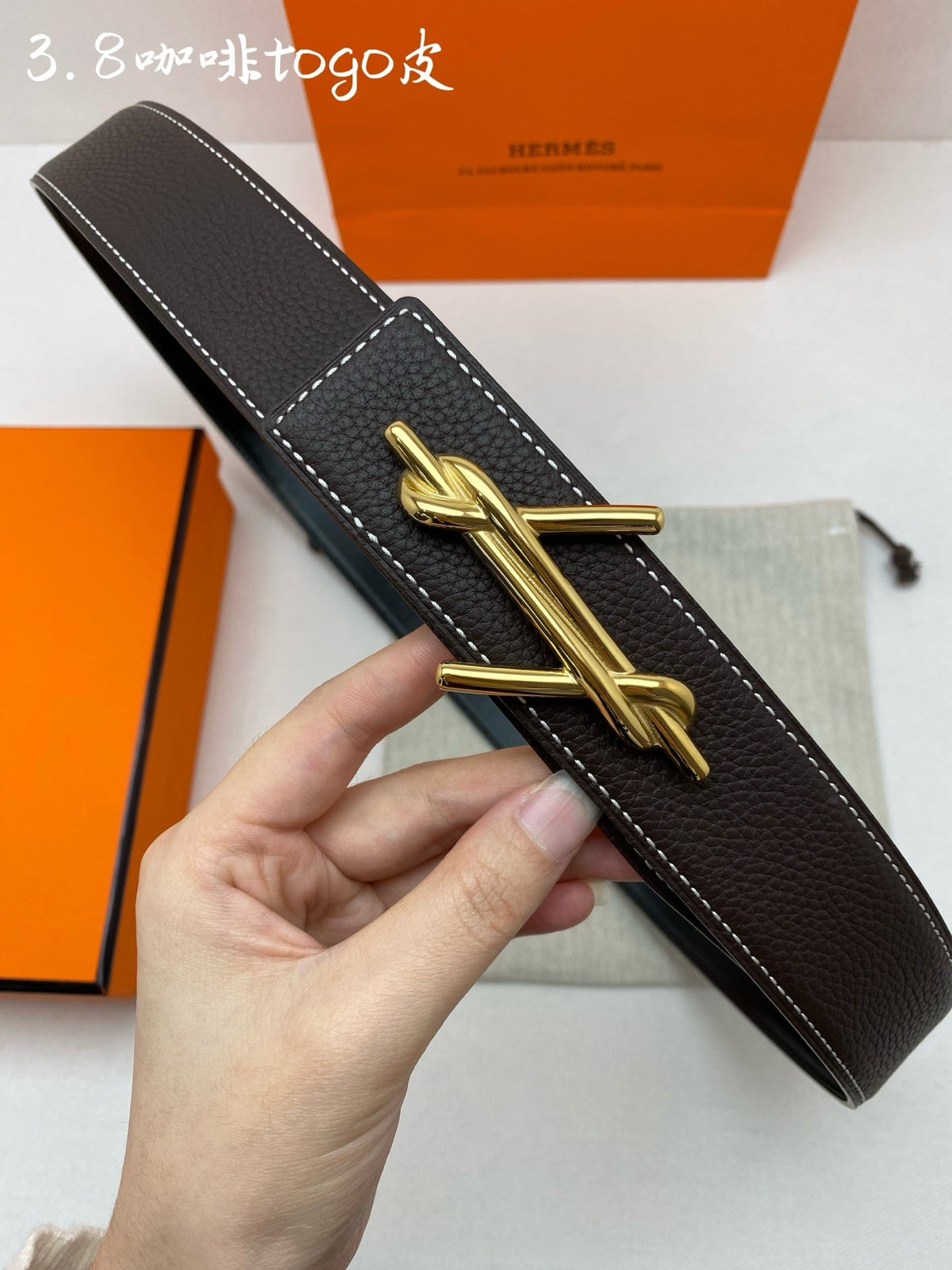 HM 3.8 Noue Belt Chocolate Gold Togo Leather 200506