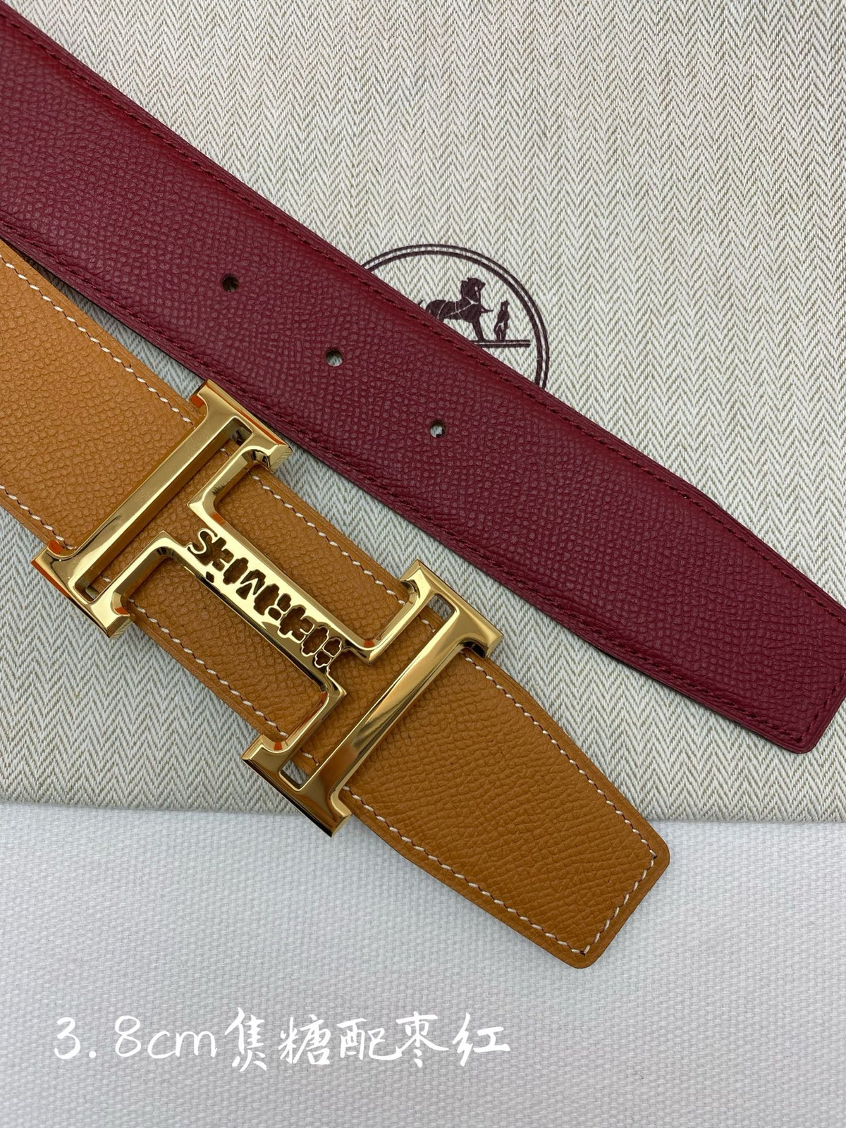 HM 3.8 Double-Sided Belt Red Brown Gold Epsom Leather 200505