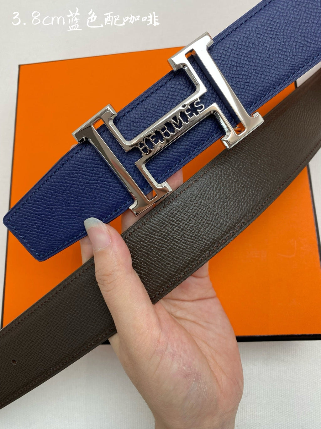 HM 3.8 Double-Sided Belt Black Dark Blue Gold Epsom Leather 200504