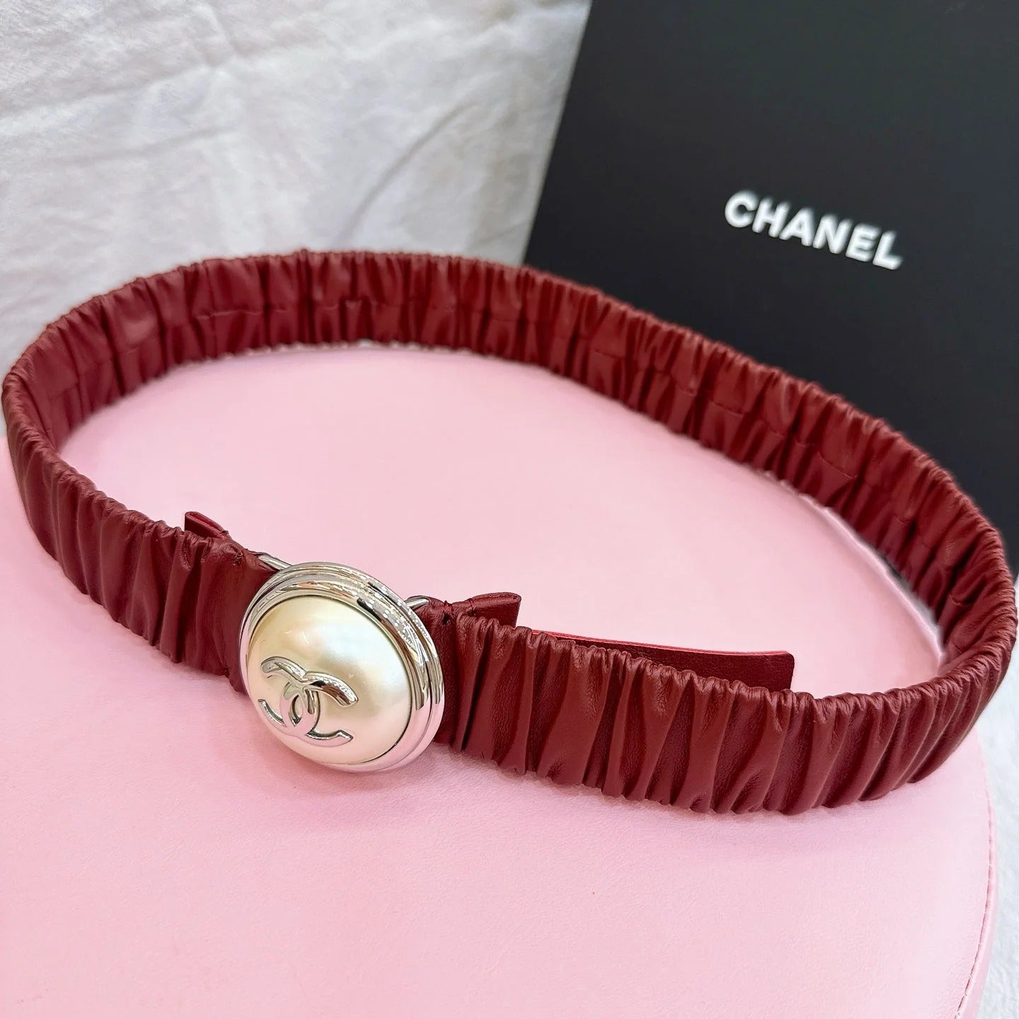 CC Elastic Waist Belt 3.0CM Red Calfskin Gold Buckle 196838