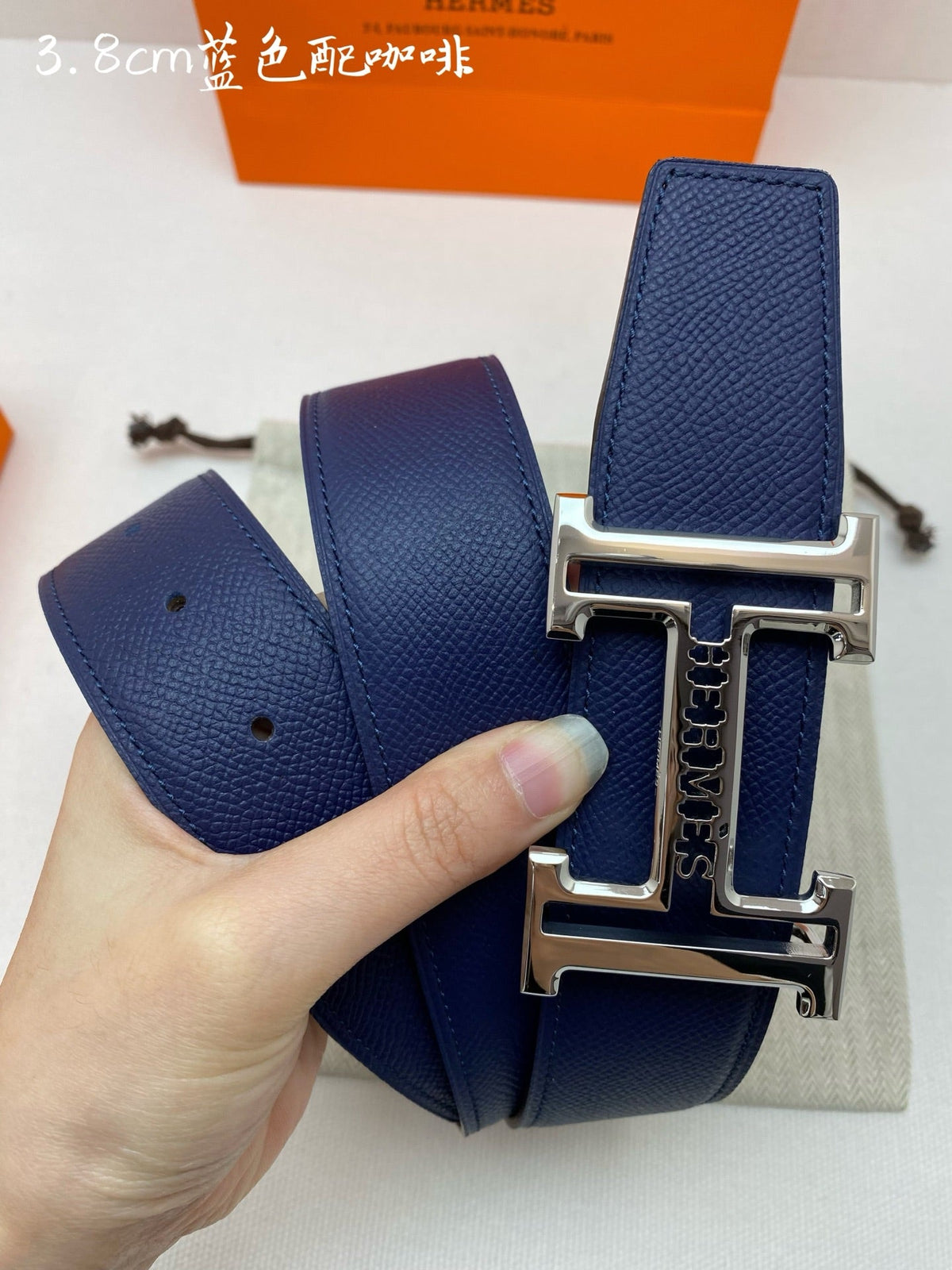 HM 3.8 Double-Sided Belt Black Dark Blue Gold Epsom Leather 200504