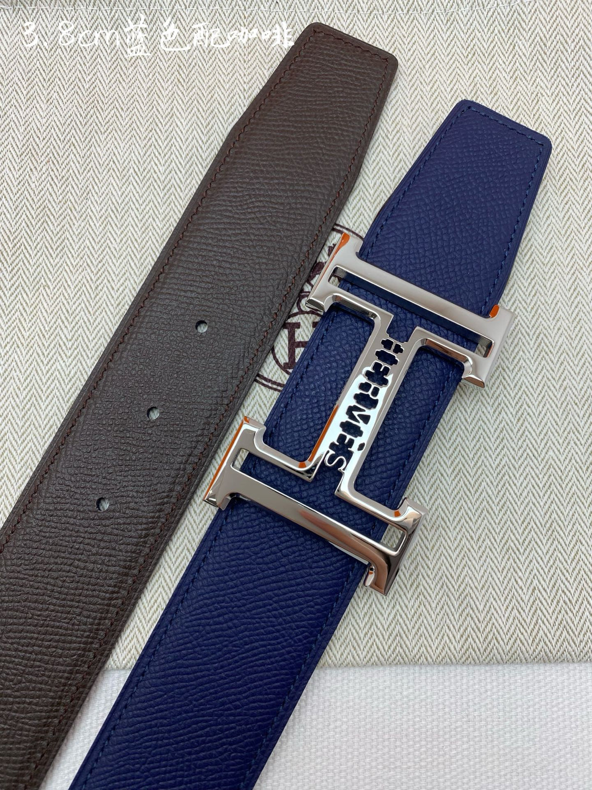 HM 3.8 Double-Sided Belt Black Dark Blue Gold Epsom Leather 200504