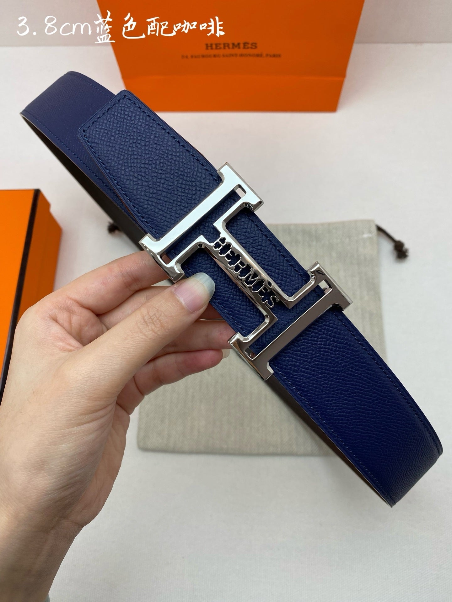 HM 3.8 Double-Sided Belt Black Dark Blue Gold Epsom Leather 200504