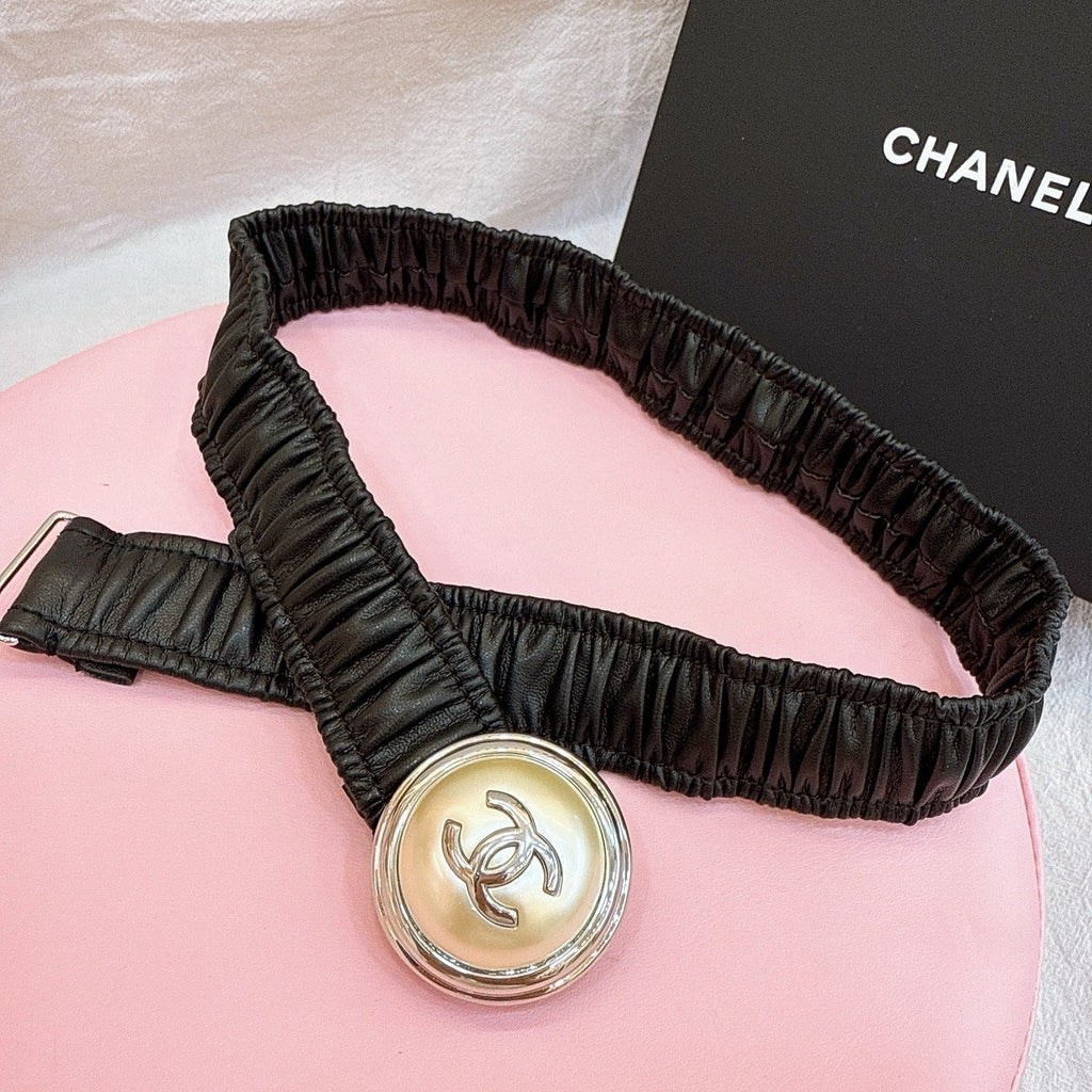 CC Elastic Waist Belt 3.0CM Black Calfskin Gold Buckle 196840