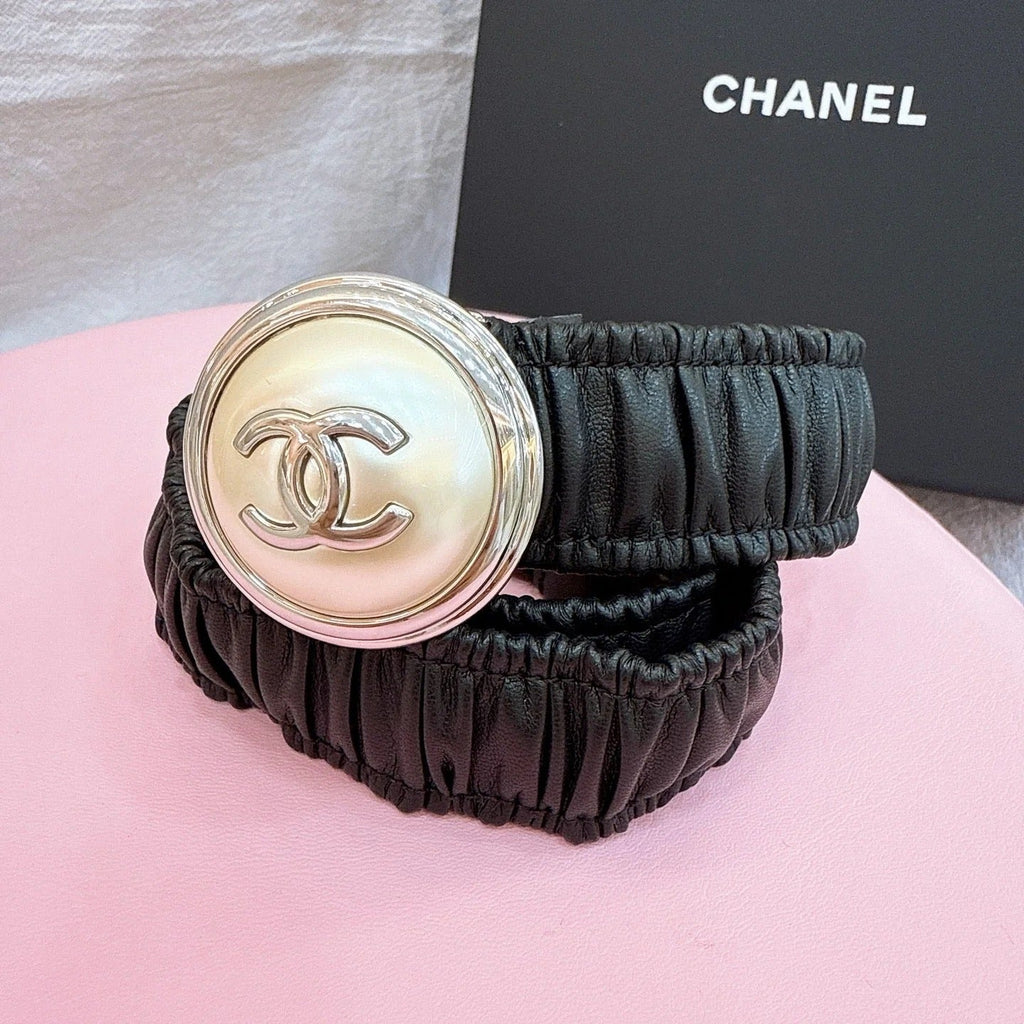 CC Elastic Waist Belt 3.0CM Black Calfskin Gold Buckle 196840