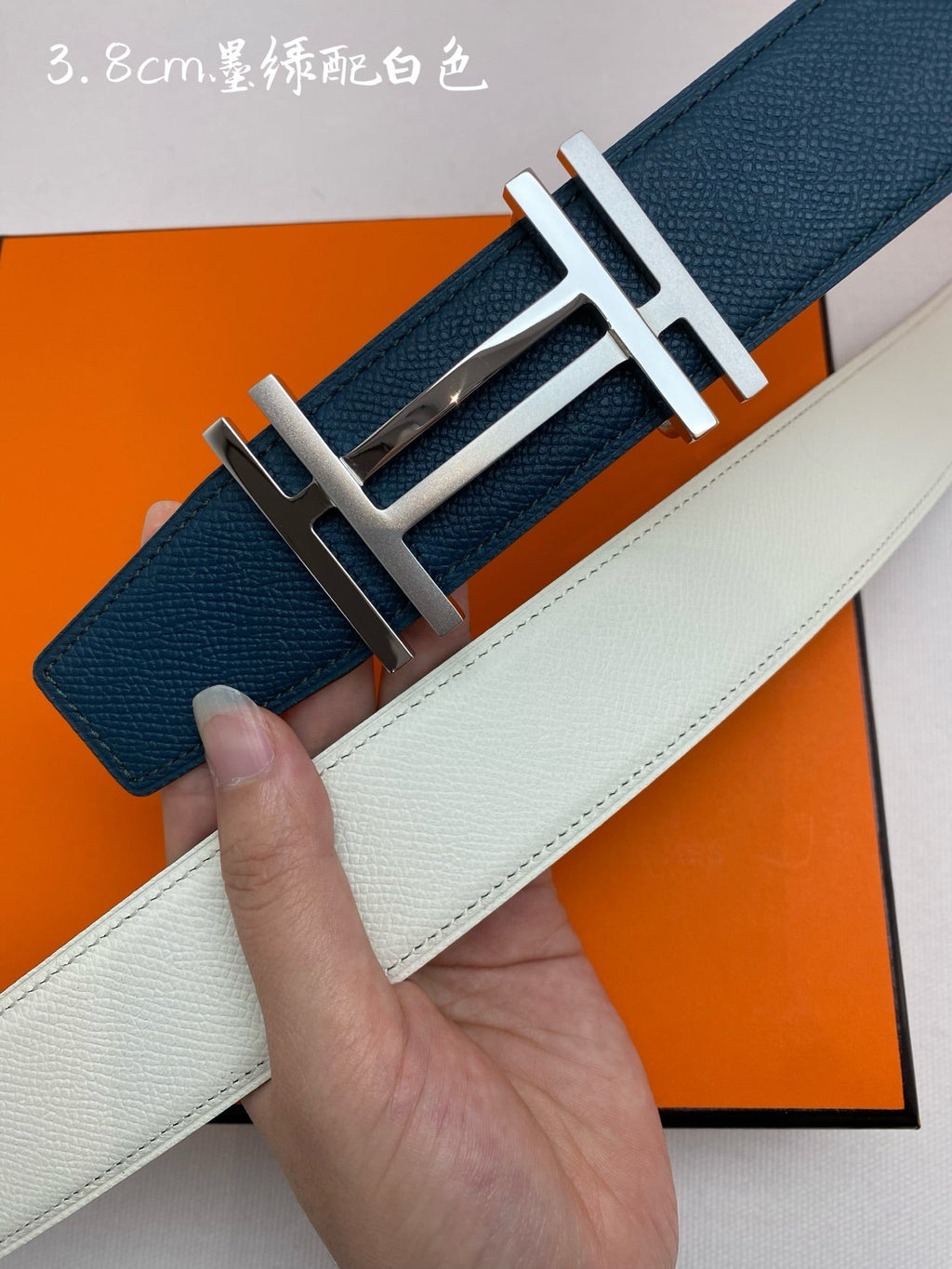 HM 3.8 Double-Sided Au Carre Belt Dark Blue White Gold Epsom