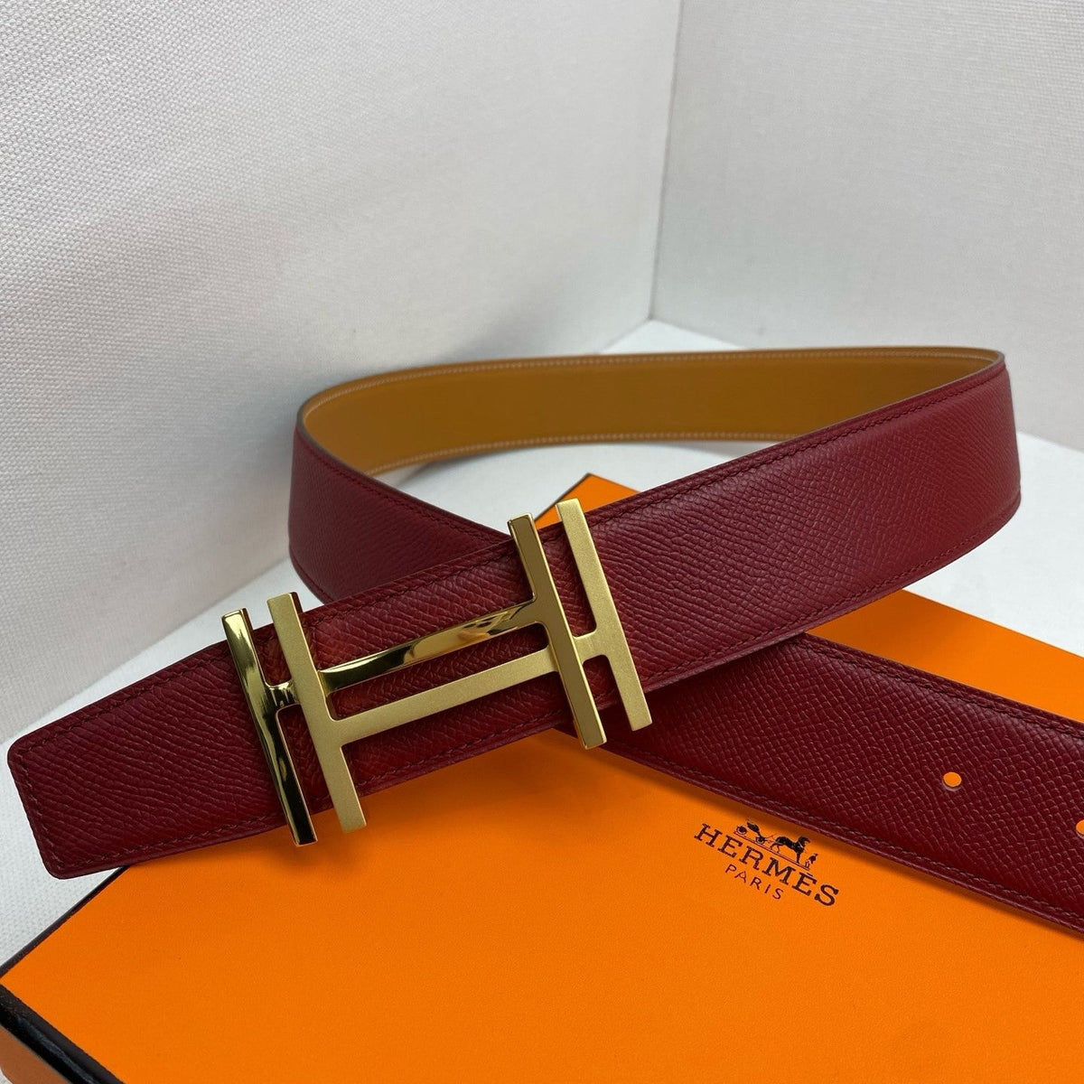 HM 3.8 Double-Sided Au Carre Belt Brown Red Gold Epsom