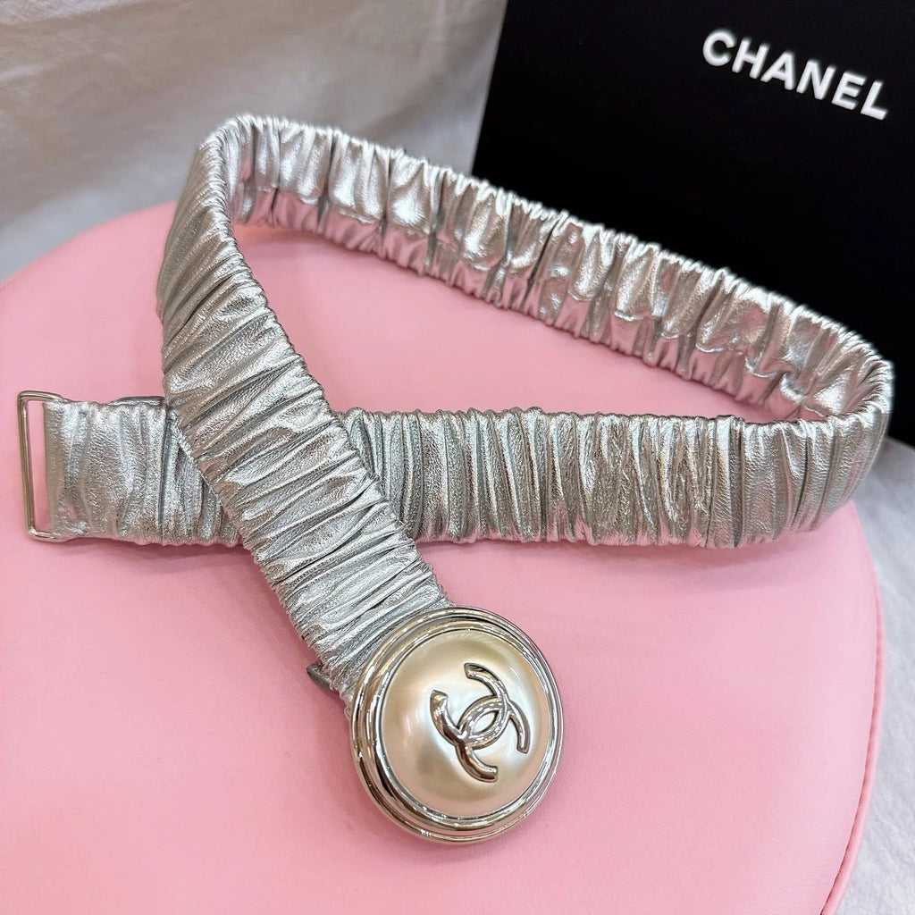 CC Elastic Waist Belt 3.0CM Sliver Metallic Calfskin Gold Buckle 196842