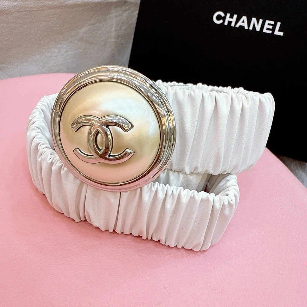 CC Elastic Waist Belt 3.0CM Sliver Metallic Calfskin Gold Buckle 196842