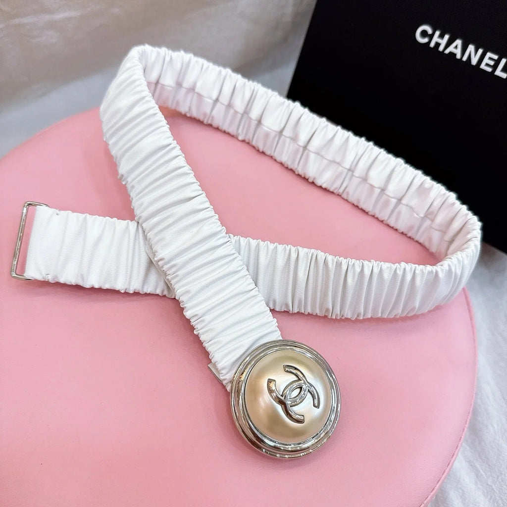CC Elastic Waist Belt 3.0CM Sliver Metallic Calfskin Gold Buckle 196842
