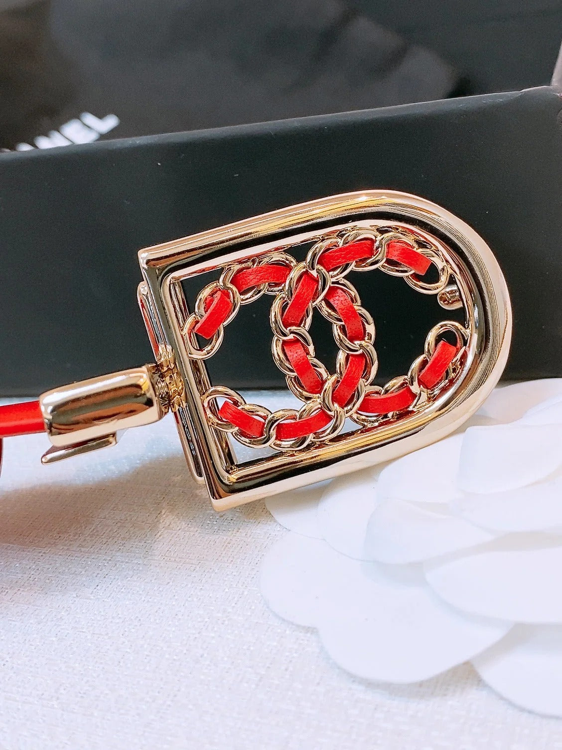 CC Women's Belt 3.0CM Red Calfskin Sliver Black Buckle 572530