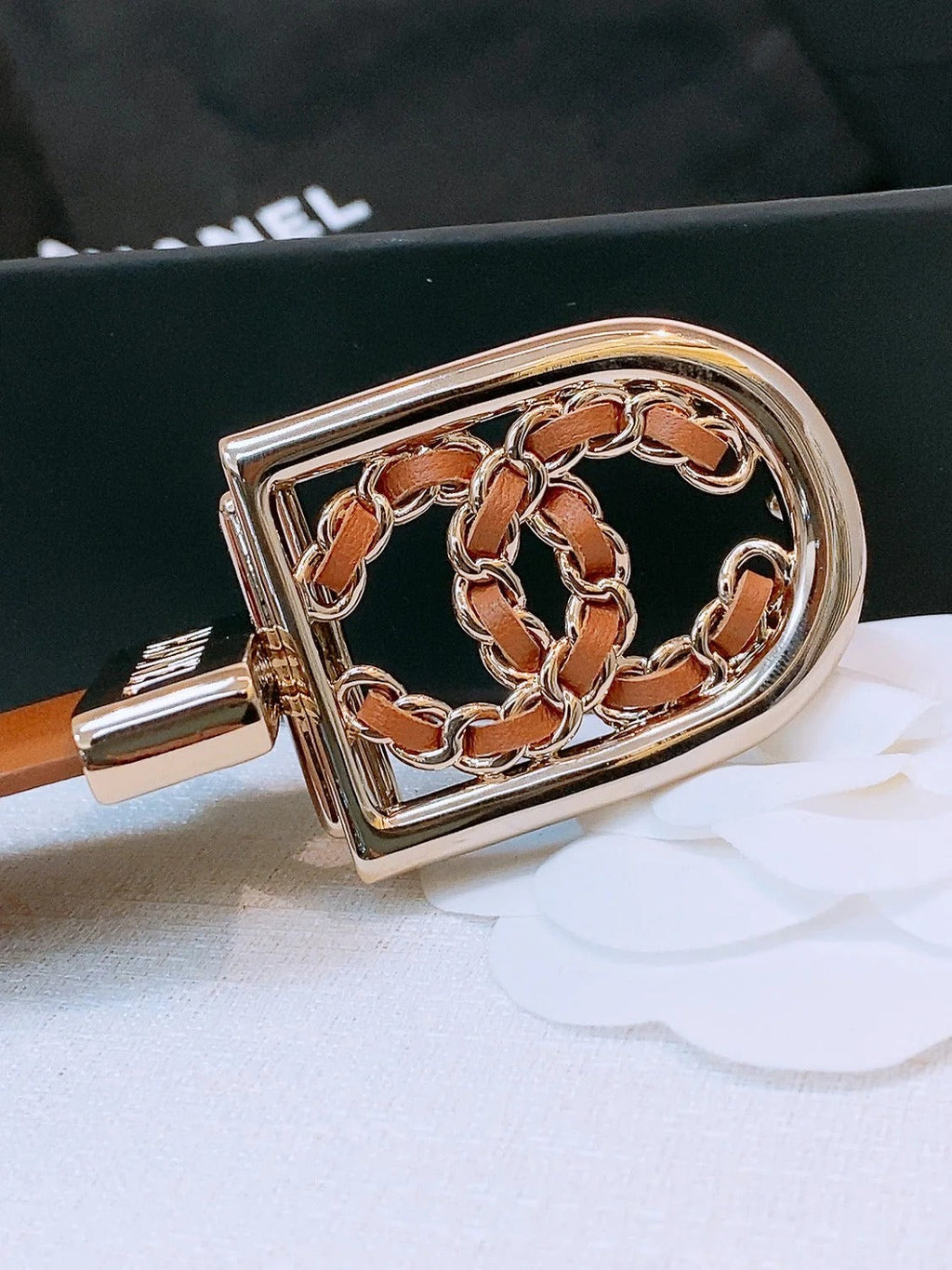 CC Women's Belt 3.0CM Tan Calfskin Sliver Black Buckle 572531
