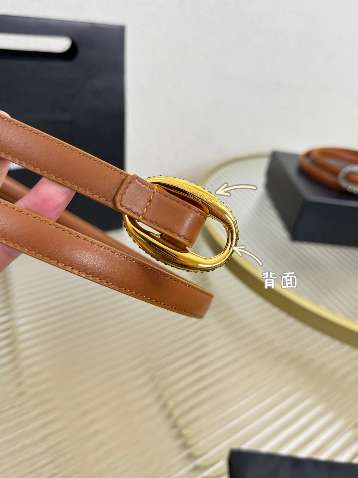 YSL 1.5 Gold Oval Buckle Belt Brown Leather 200481