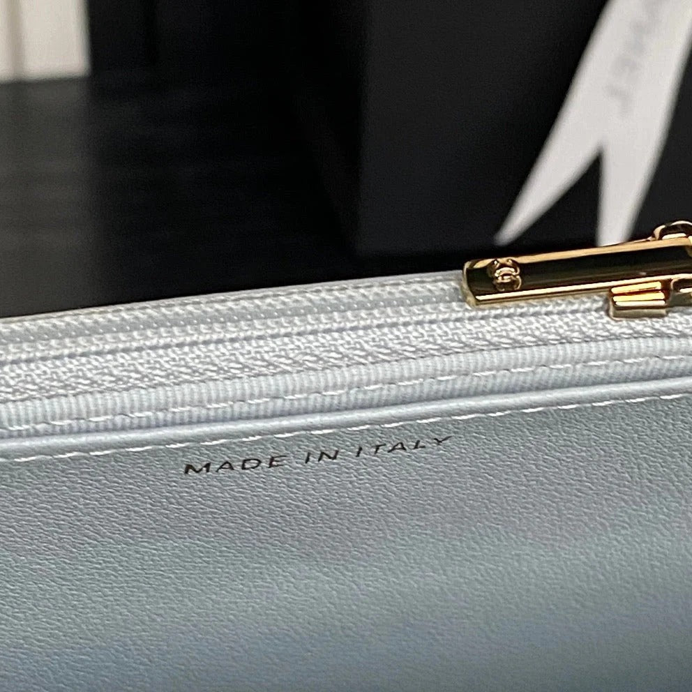 CHANEL 25S CHAIN WALLET 19 IN LIGHT BLUE LAMBSKIN GOLD HARDWARE