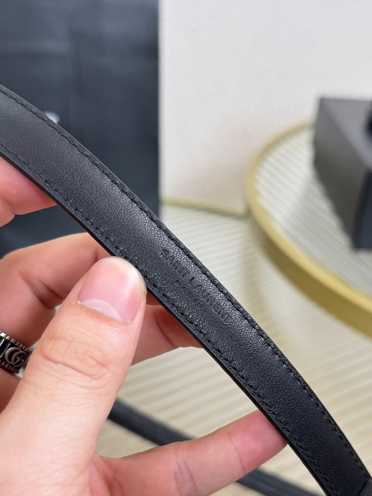YSL 1.5 Sliver Oval Buckle Belt Black Embossed Leather 200476