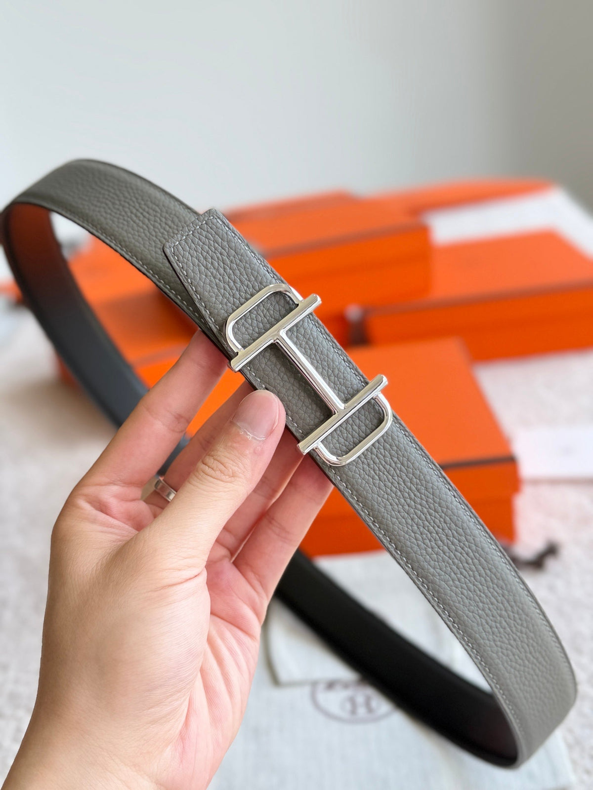 HM Silver Buckle 32mm Royal Belt Gray Brown Leather 188422
